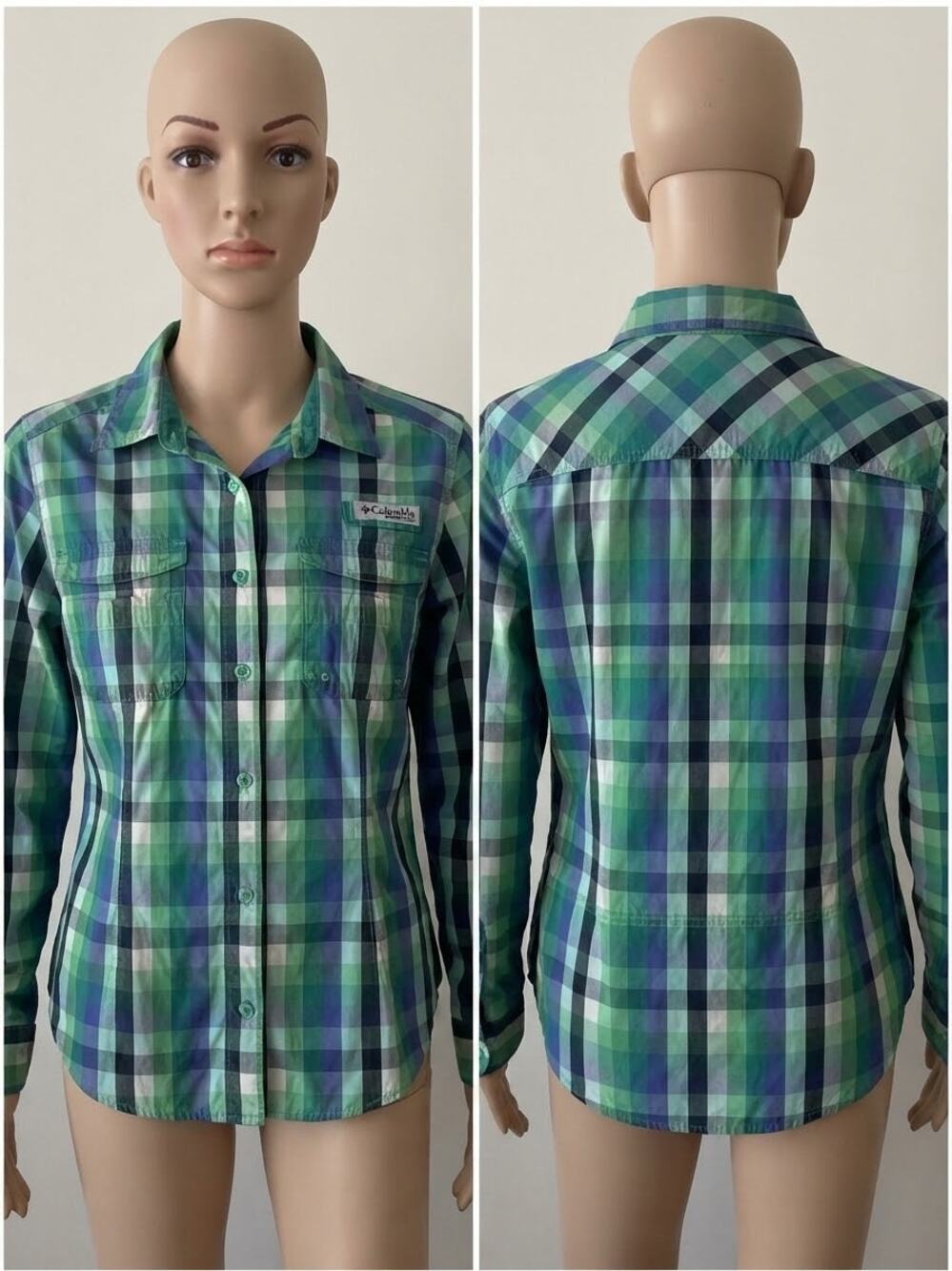 Columbia PFG Super Bonehead Womens Med Green Plaid Long Sleeve Shirt Omni-Shade